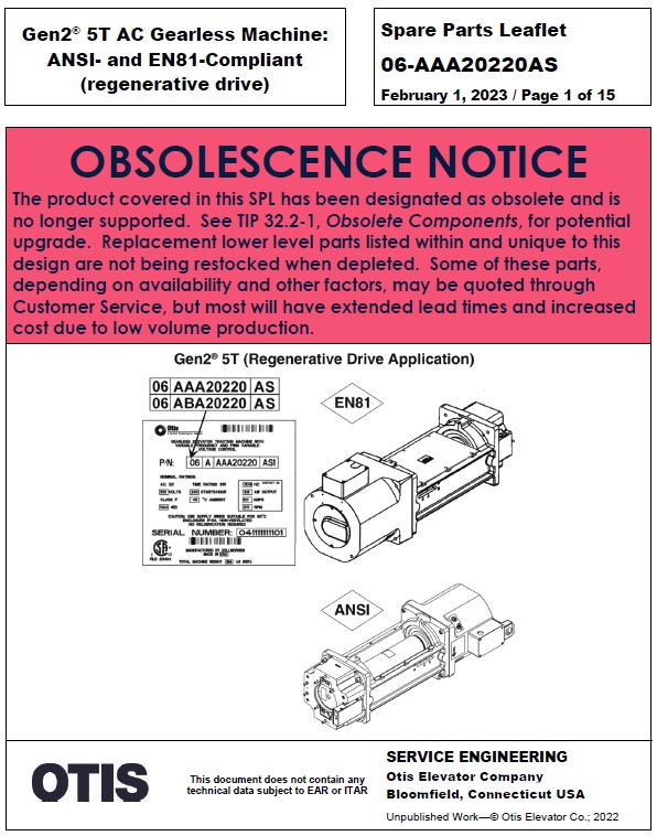 SPL 06-AAA20220AS 5T Machine AC Gearless ANSI and EN81 Compliant (Regenerative Drive)