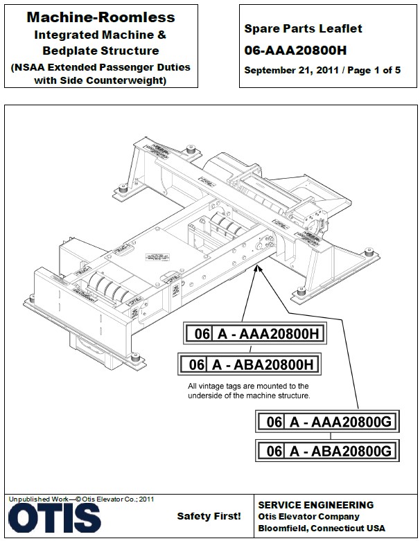 SPL 06-AAA20800H Machine Roomless Integrated Machine and Bedplate Structure (NSAA Extended Passenger Duties with Side Counterweight)