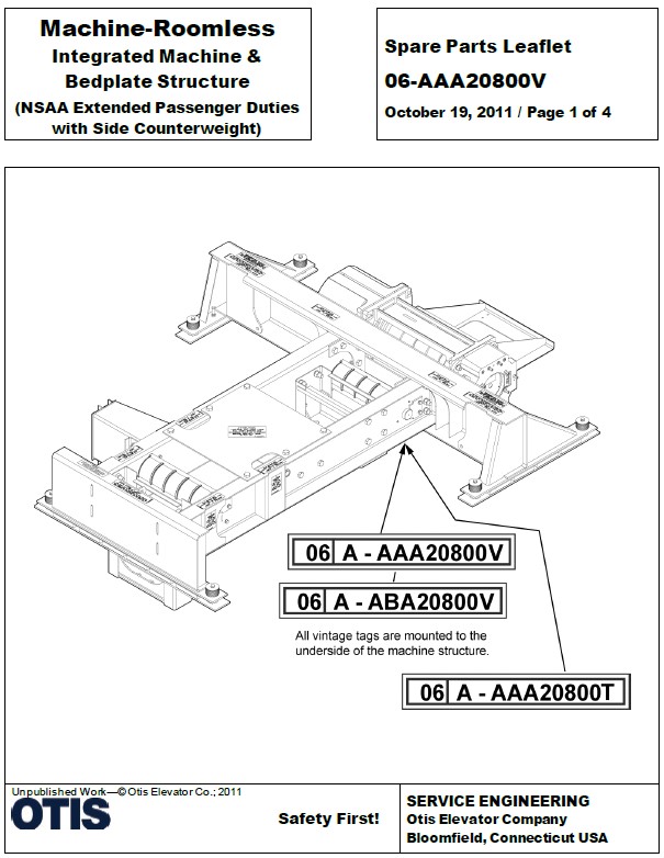 SPL 06-AAA20800V Machine-Roomless Integrated Machine & Bedplate Structure (NSAA Extended Passenger Duties with Side Counterweight)