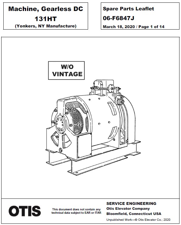 SPL 06-F6847J 131HT Machine Gearless DC (Yonkers, NY Manufacture)