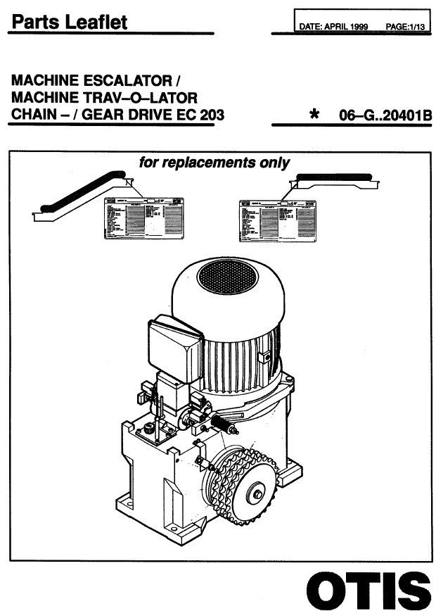 SPL GAA20401B Machine Escalator / Machine Trav-O-Lator Chain / Gear Drive EC 203