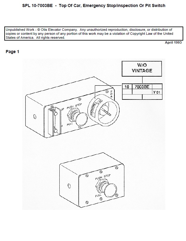 SPL 10-7003BE Top of Car Emergency Stop and Inspection or Pit Switch