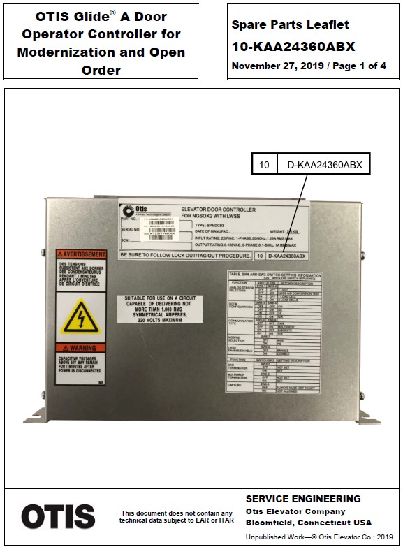 SPL 10-KAA24360ABX OTIS Glide A Door Operator Controller for Modernization and Open Order