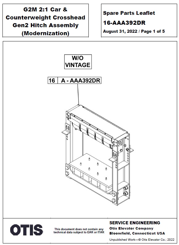 SPL 16-AAA392DR G2M 2:1 Car & Counterweight Crosshead Gen2 Hitch Assembly (Modernization)