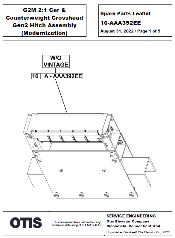 SPL 16-AAA392EE G2M 2:1 Car & Counterweight Crosshead Gen2 Hitch Assembly (Modernization)