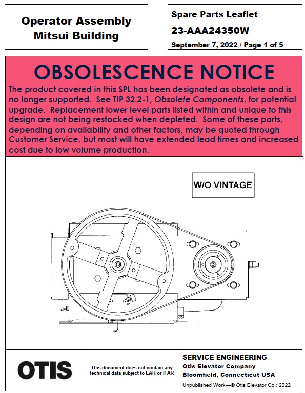 SPL 23-AAA24350W Operator Assembly Mitsui Building