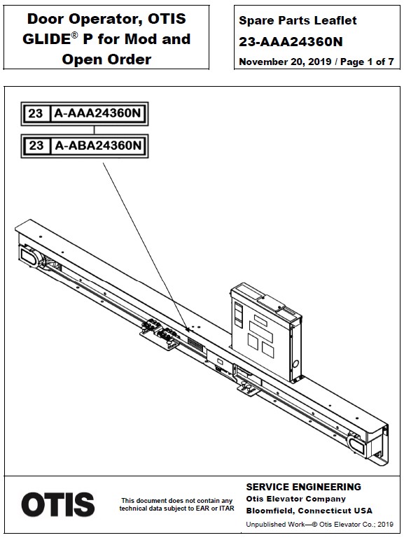 SPL 23-AAA24360N Door Operator, OTIS GLIDE P for Mod and Open Order Center-Opening