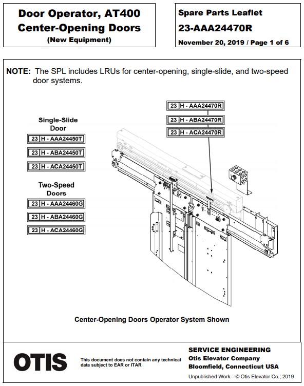 SPL 23-AAA24470R Door Operator AT400 Center Opening Doors (New Equipment)