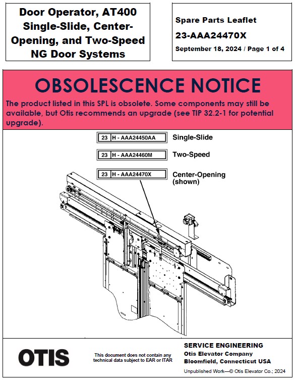 SPL 23-AAA24470X Door Operator, AT400 Single-Slide, Center Opening, and Two Speed NG Door Systems