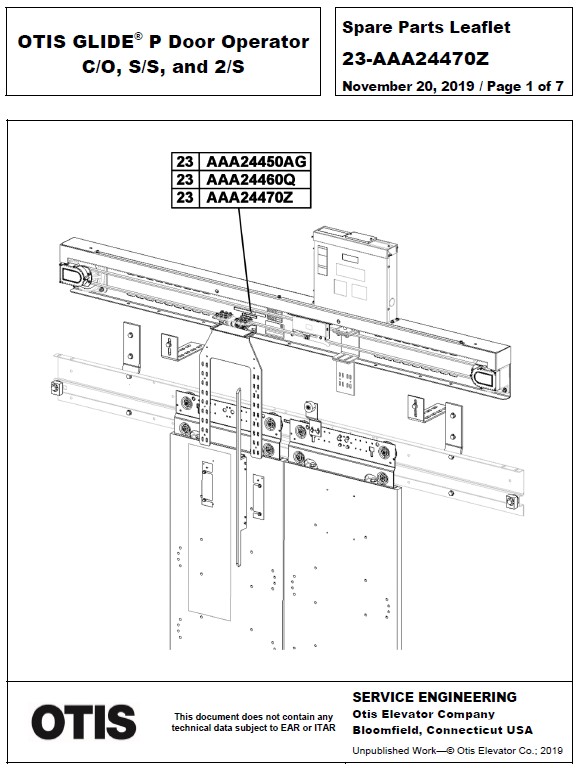 SPL 23-AAA24470Z OTIS GLIDE P Door Operator C/O, S/S, and 2/S