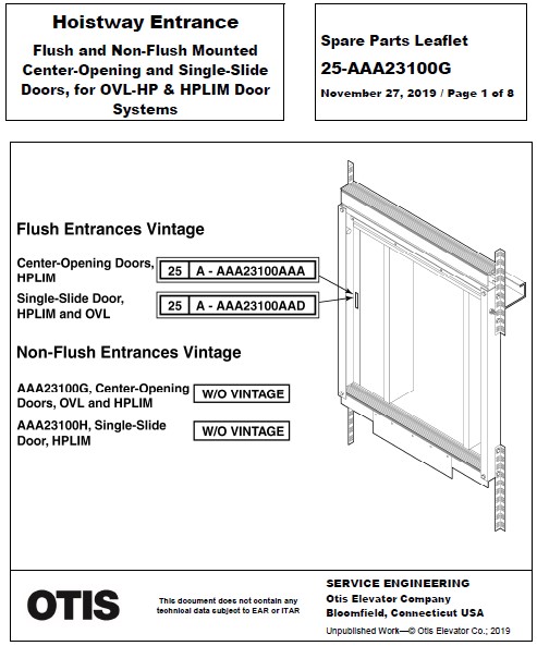 SPL 25-AAA23100G Hoistway Entrance Flush and Non-Flush Mounted Center-Opening and Single-Slide Doors, for OVL-HP & HPLIM Door Systems