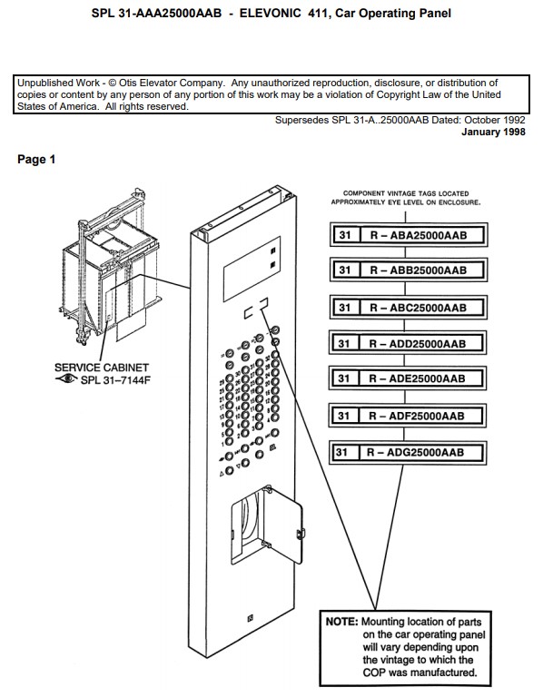 SPL 31-AAA25000AAB Elevonic 411 Car Operating Panel