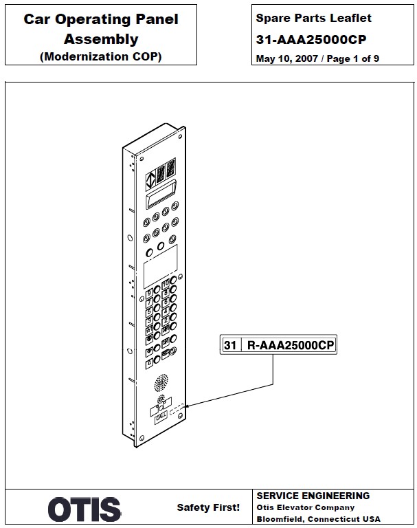 SPL 31-AAA25000CP Car Operating Panel Assembly(Modernization COP)