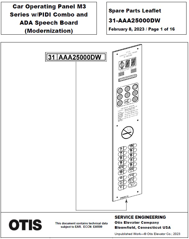 SPL 31-AAA25000DW Car Operating Panel M3 Series w/PIDI Combo and ADA Speech Board (Modernization)