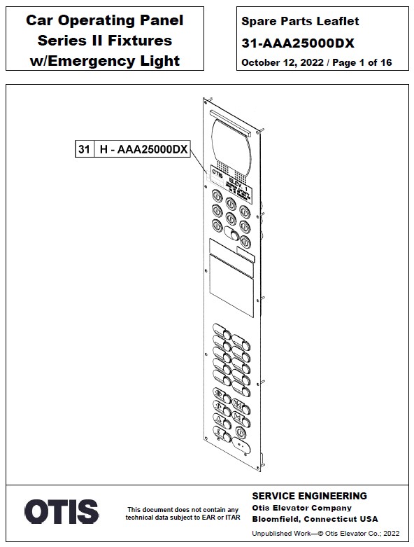 SPL 31-AAA25000DX Car Operating Panel Series II Fixtures w/ Emergency Light