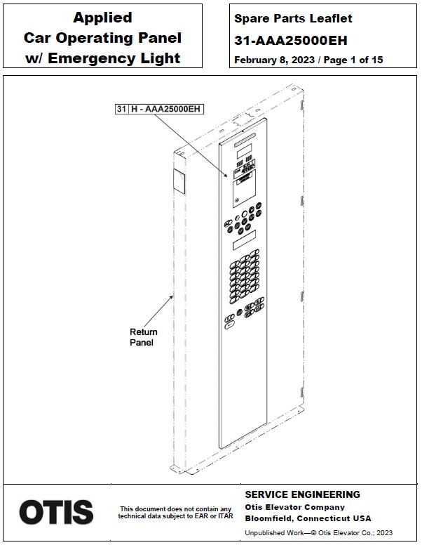 SPL 31-AAA25000EH Applied Car Operating Panel with Emergency Light