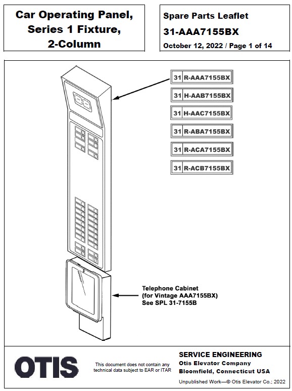 SPL 31-AAA7155BX Car Operating Panel, Series 1 Fixture, 2-Column