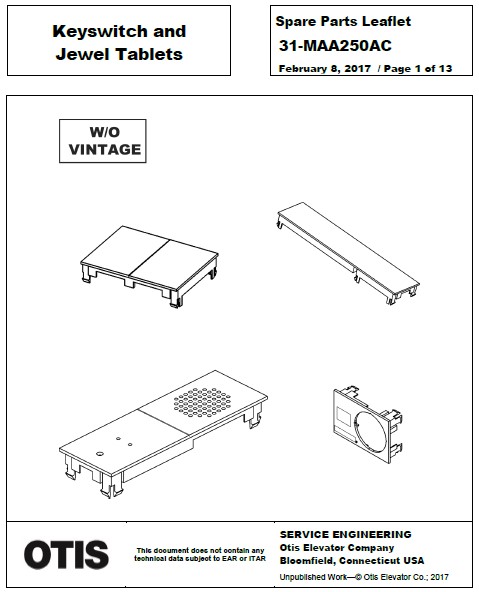 SPL 31-MAA250AC Fixture Part Keyswitch and Jewel Tablets