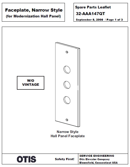 SPL 32-AAA147QT Faceplate, Narrow Style (for Modernization Hall Panel)