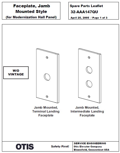 SPL 32-AAA147QU Faceplate, Jamb Mounted Style (for Modernization Hall Panel)