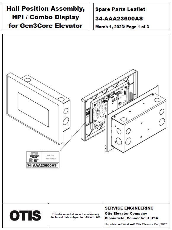 SPL 34-AAA23600AS Hall Position Assembly, HPI / Combo Display for Gen3 Core Elevator