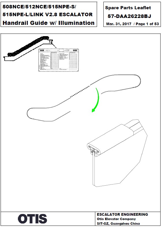 SPL 57-DAA26228BJ 508NCE / 512NCE / 515NPE-S / 515NPEL Escalator Handrail Guide w/Illumination