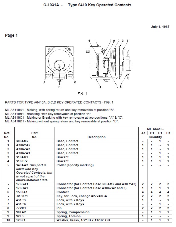 SPL C-1031A Type 6410 Key Operated Contacts