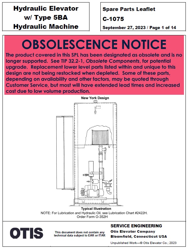 C-1075 Hydraulic Elevator w/ Type 5BA Hydraulic Machine