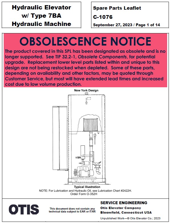 C-1076 Hydraulic Elevator w/ Type 7BA Hydraulic Machine