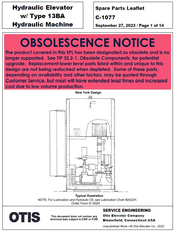 C-1077 Hydraulic Elevator w/ Type 13BA Hydraulic Machine